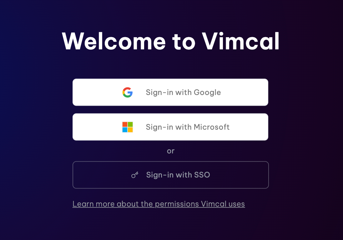Welcome to Vimcal sign-in screen