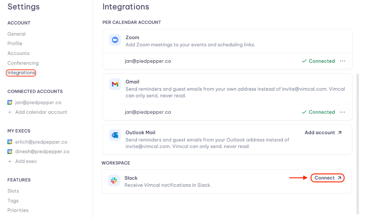 Connect Slack in Vimcal Integration settings