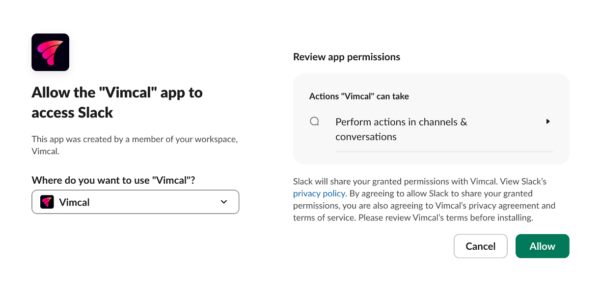 Allow Vimcal to access Slack