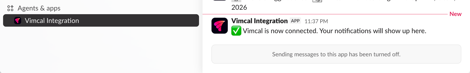 Vimcal connected confirmation in Slack