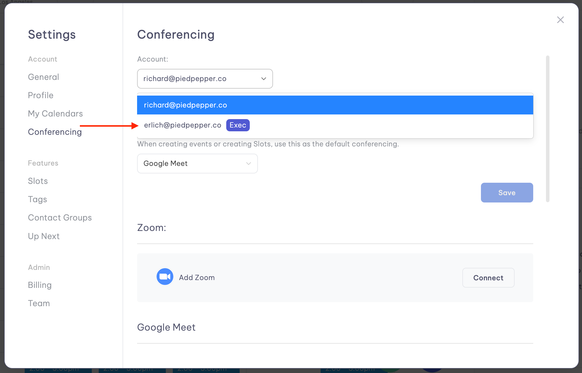 Executive account dropdown with scheduling privileges