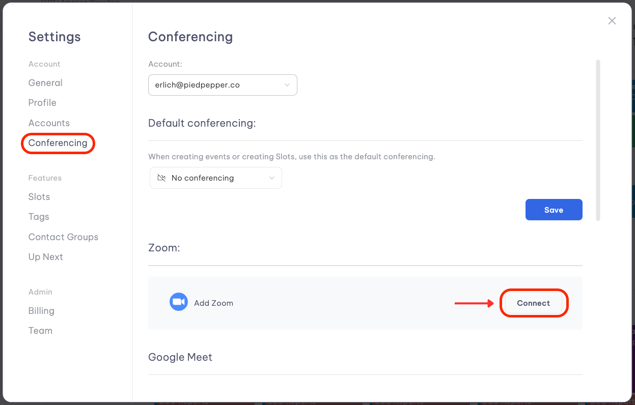 Zoom Login button in conferencing settings
