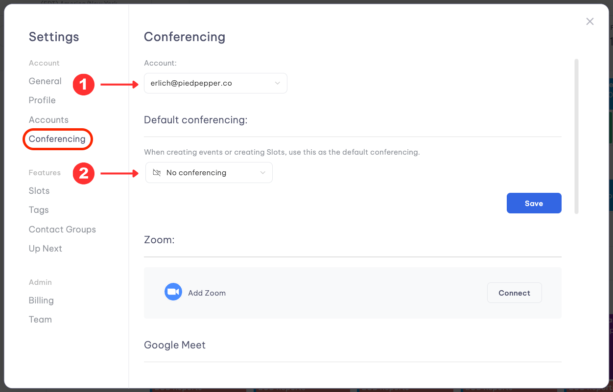 Default conferencing settings per executive