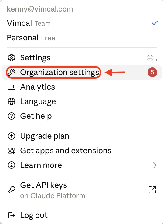 Open Organization settings in Claude