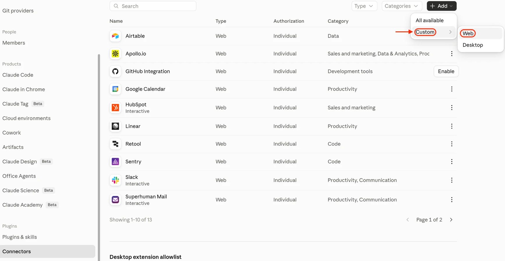 Add a Custom Web connector