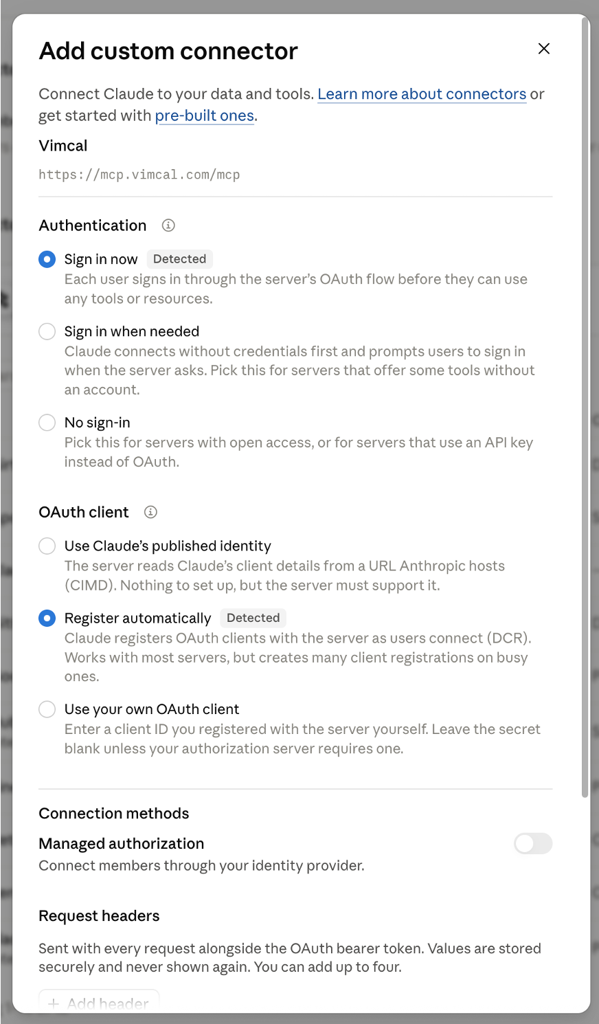 Connector default options