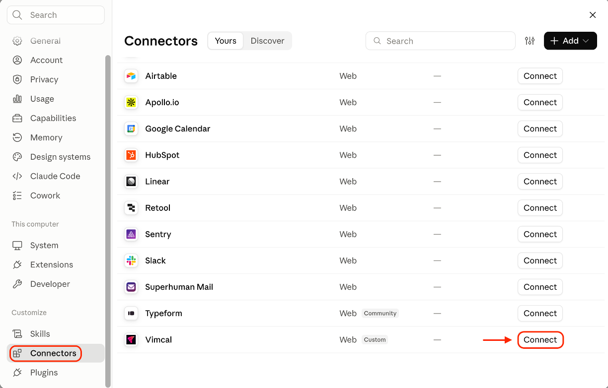 Connect the Vimcal connector