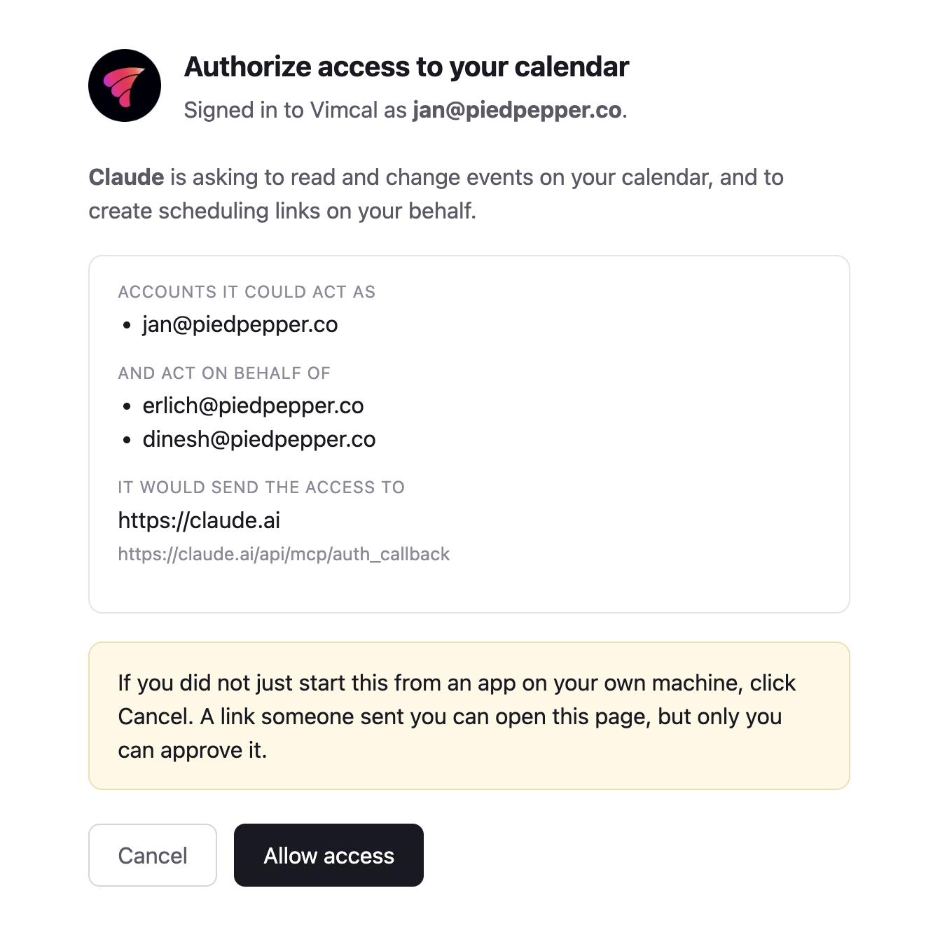 Authorize Claude to access your Vimcal calendar