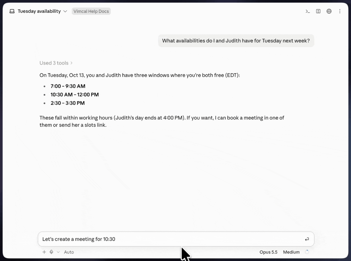 Creating a meeting with Vimcal MCP